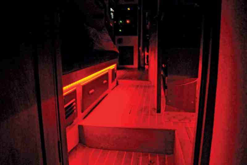 LED Lights With this system, the red lighting illuminates mostly the floor and produces just enough light for completing tasks in the saloon.