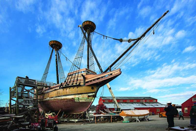 The Mayflower II is settled into her home for restoration, Mystic Seaport in Mystic, CT.