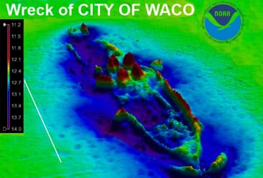 NOAAcharting This image was created from data acquired by NRT4′s multibeam echo sounder. NOAA hydrographic survey units use multibeam echo sounder systems to acquire full (and partial) bottom bathymetric coverage, to measure depths over critical items such as wrecks, obstructions, and dangers-to-navigation, and for general object detection.