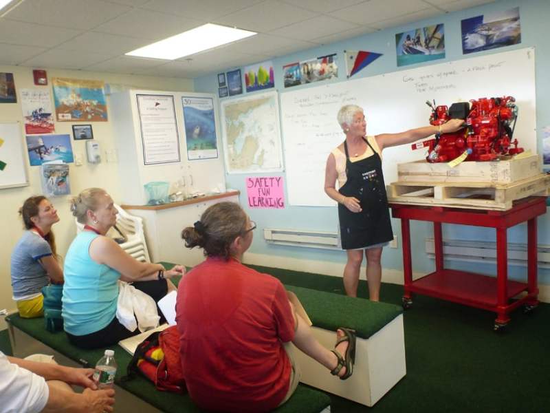 NWSA conference Captain Sharon Renk-Greenlaw explains the vital components of a Westerbeke diesel at a session about engine maintenance.