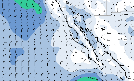 PassageWeather An interesting aspect of marine weather/wind forecasts is the nature, or pattern, of the air flow. Out at sea, air masses flow uninterrupted by changing topography--an additional contributor to chaos. This results in consistent flows over large geographic areas. In this PassageWeather.com screenshot, note the difference in wind direction and strength over land and sea (this is the entire coastline of the Baja California peninsula).