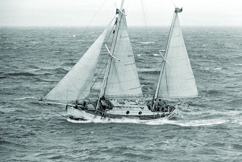 Circa 22nd April 1969: Robin Knox-Johnston aboard his 32ft yacht SUHAILI off Falmouth, England after becoming the first man to sail solo non-stop around the globe. Knox-Johnston was the sole finisher in the Sunday Times Golden Globe solo round the world Suhaili was retired in 1997, and since 2002 it has been under restoration in the U.K. by Knox-Johnston.