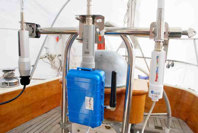 To try out the Bad Boy Xtreme MJ, Wirie Pro and Rogue Wave WiFi antennas (from left), They were mounted on a rack in Lyra's cockpit. All outperformed the existing onboard WiFi system.