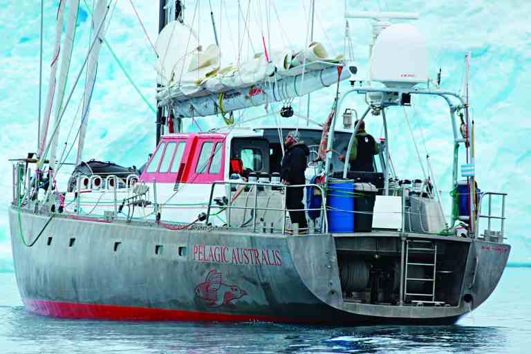 The aluminum-hulled Pelagic Australis, conceived by long-distance sailor and mountaineer Skip Novak for high-latitude sailing, is well suited and equipped for the ice.