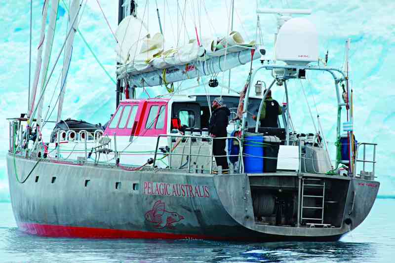 The aluminum-hulled Pelagic Australis, conceived by long-distance sailor and mountaineer Skip Novak for high-latitude sailing, is well suited and equipped for the ice.