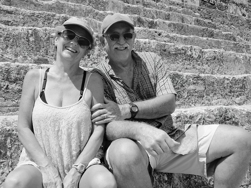 Cruising couple Kay Johnson and Richard Schattman take in the Mayan ruins at Tikal in Guatemala.