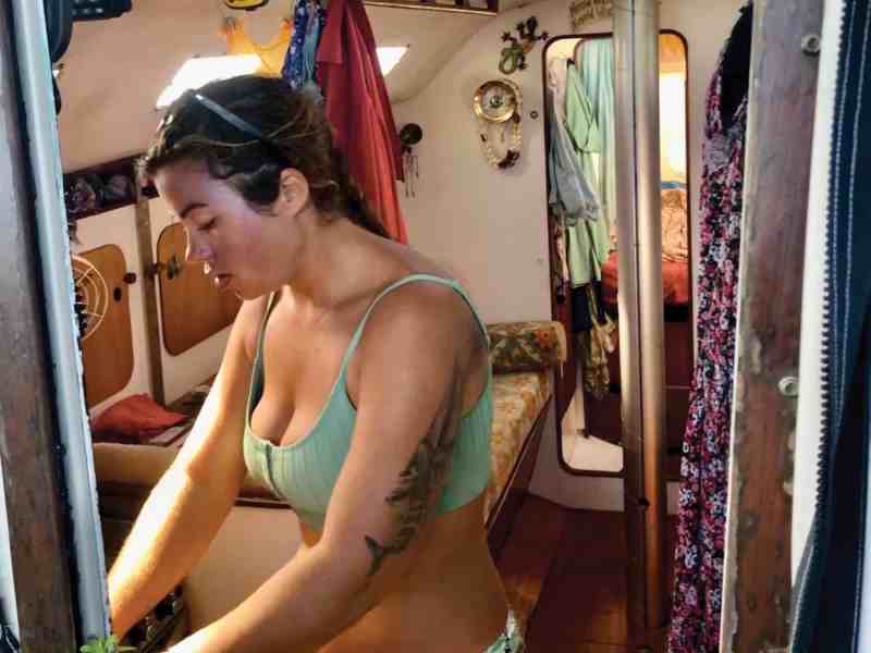 Holly Martin in her sailboat cabin