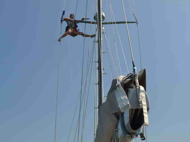 On the mast during a pre-Indian Ocean-crossing inspection