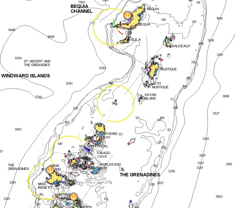 Map of getting through Tobago Cays to Carriacou