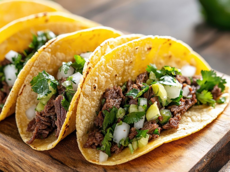 Asada Tacos: Spicy Mexican Street Food with Beef, Cilantro, Onio three carne asada Mexican street tacos