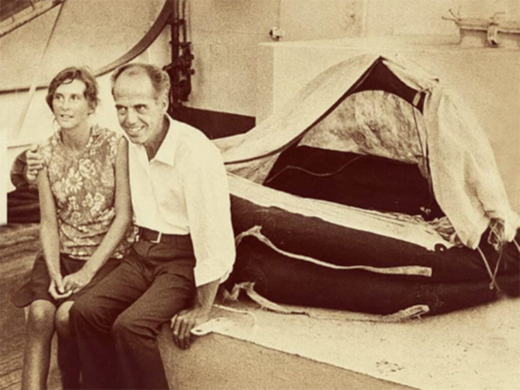 Maurice and Maralyn Bailey posing with their lifeboat