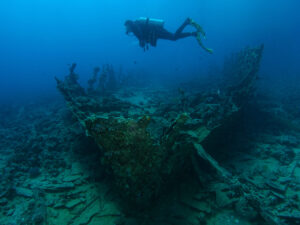 A diver explores the mysterious remains of a centuries-old shipwreck resting on the ocean floor.