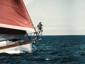 Peter Metcalfe on his sailboat during his Pacific Crossing