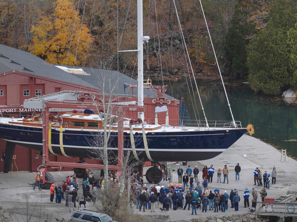 Rockport Marine launching a 95-foot sloop, Ouzel.