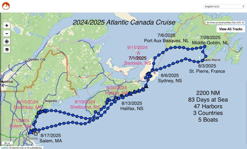 cruising route map through the waters of Nova Scotia and Newfoundland