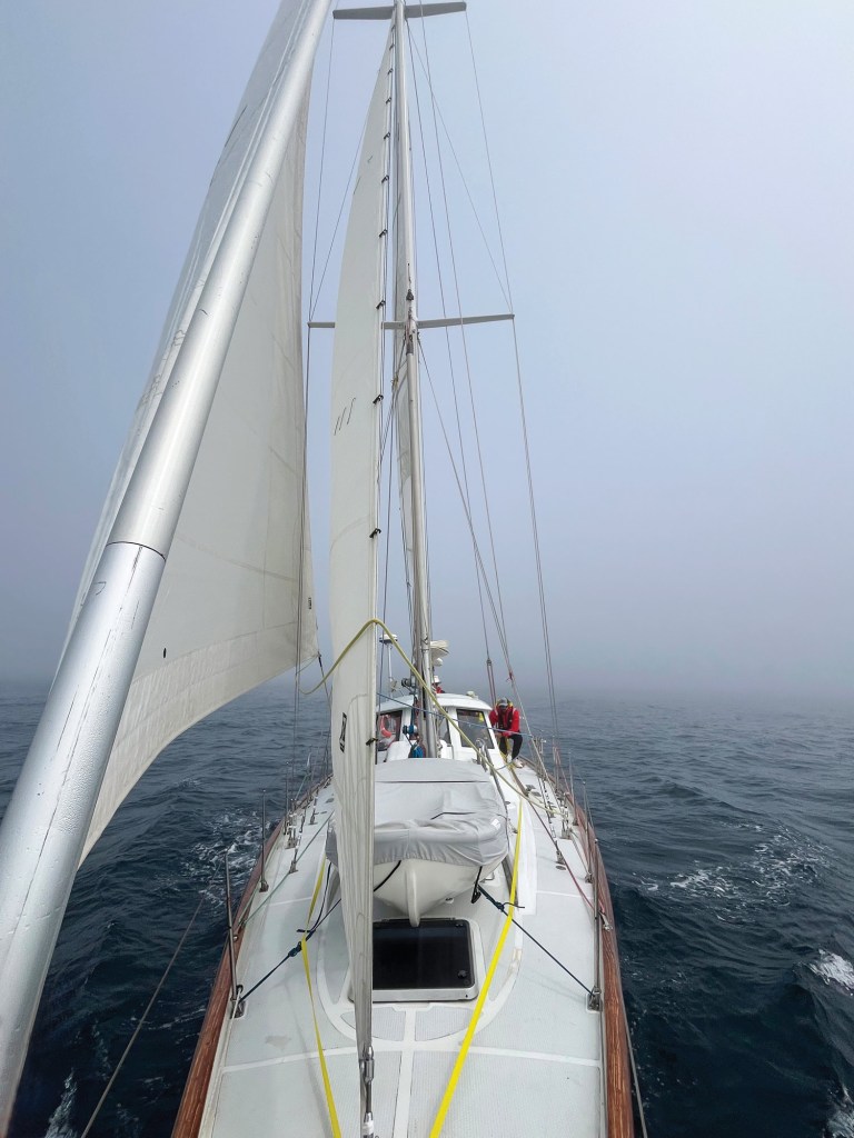 Sailing offshore in fog during Maine to Nova Scotia passage