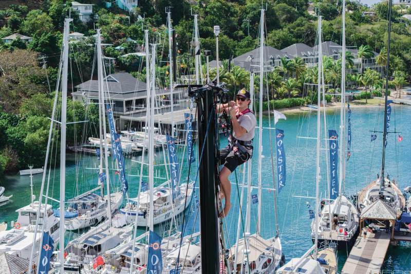Working at the top of a sailboat mast