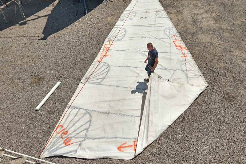 Spray painted sail on ground for instruction