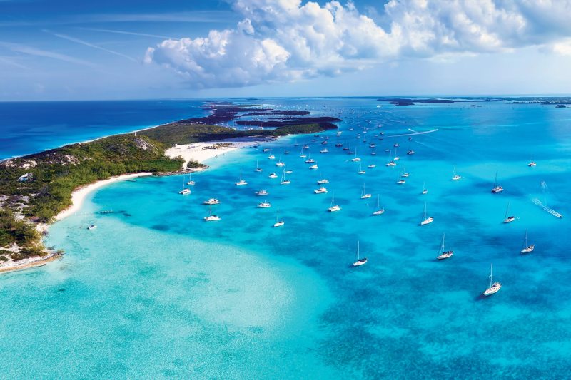Aerial view of the beautiful coast of Stocking Island, The Exumas, Bahamas, with sandy beaches and turquoise ocean